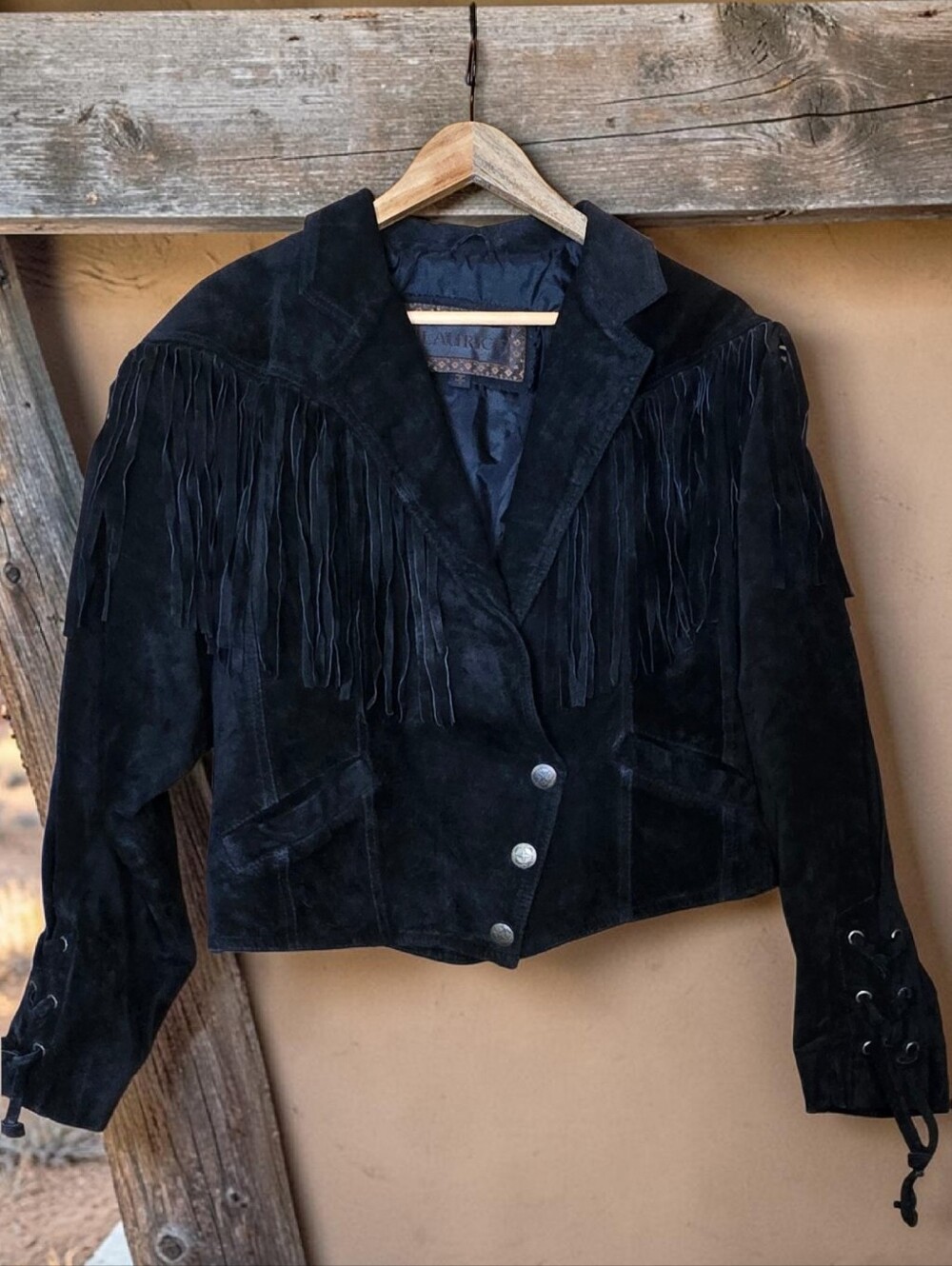 90s Vintage Black Suede Fringe Leather Jacket Western Corset Lace Medium Boho - Picture 2 of 14